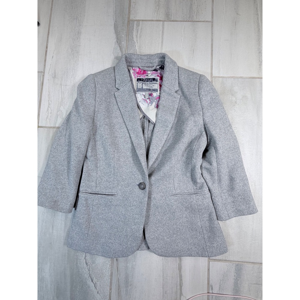 Joules Justine Grey Marl Textured Cotton Blazer Jacket Floral Lining Size US 8